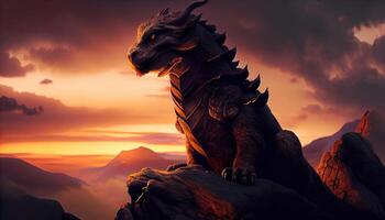 groot drakenbeer Aan top van een berg Bij zonsondergang. ai gegenereerd. foto