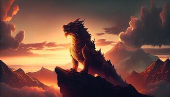groot drakenbeer Aan top van een berg Bij zonsondergang. ai gegenereerd. foto