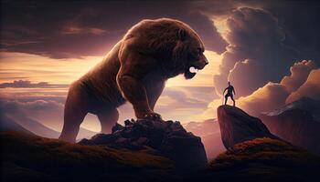groot leeuw en Mens Aan de top van de berg. ai gegenereerd. foto