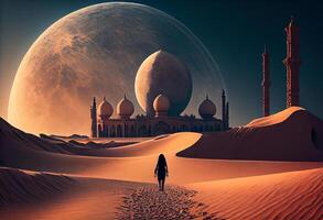 een Mens wandelen naar een groot maan in een woestijn met een groot moskee in de achtergrond . ai gegenereerd. foto
