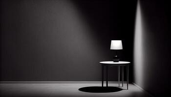mooi minimalistisch presentatie achtergrond met een tafel en een wit lamp tegen een zwart getextureerde muur. ai gegenereerd. foto