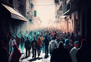 menigte van mensen wandelen straat. ai gegenereerd. foto