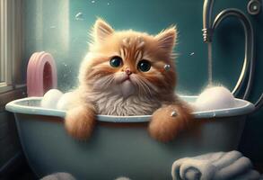 schattig kat in bad , huisdieren schoonmaak. ai gegenereerd. foto