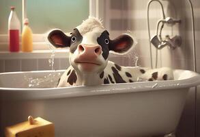 schattig koe in bad , huisdieren schoonmaak . ai gegenereerd. foto