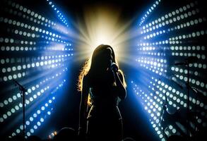 vrouw jazz- zanger Aan stadium gedurende een concert verlichte door tonen lichten. ai gegenereerd. foto