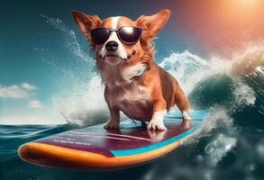 grappig hond in zonnebril ritten een surfboard Aan de oceaan golven. zomer vakantie concept. ai gegenereerd. foto