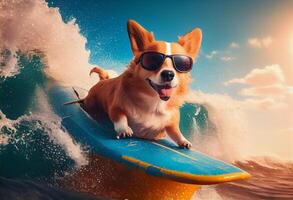 grappig hond in zonnebril ritten een surfboard Aan de oceaan golven. zomer vakantie concept. ai gegenereerd. foto