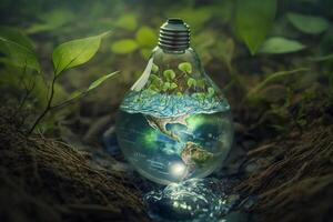 ecologie en wereld water dag , licht lamp idia met milieu bescherming en opslaan aarde water. ai gegenereerd foto