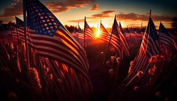 veld- van Amerikaans vlaggen Bij zonsondergang . ai gegenereerd. foto