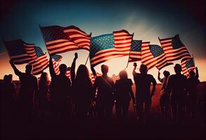 groep van mensen golvend Amerikaans vlaggen in terug verlicht. ai gegenereerd. foto