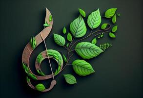 treble sleutel muziek- aantekeningen gemaakt van natuur groen blad. concept van wereld muziek- behandeling dag . ai gegenereerd. foto