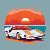 artwork van t-shirt grafisch ontwerp vlak ontwerp van een retro auto. ai gegenereerd foto