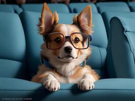 schattig hond aan het kijken een film in bioscoop bril. ai gegenereerd foto