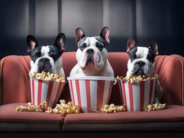 drie Frans bulldog met popcorn aan het kijken een film in bioscoop. ai gegenereerd foto