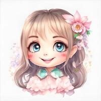 gezicht van kawaii meisje, lachend, waterverf clip art ai gegenereerd. foto