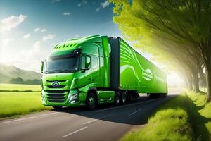 eco vriendelijk vervoer concept met groen vrachtwagen. ai gegenereerd foto