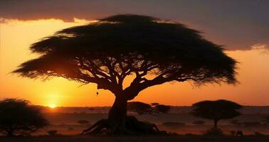 silhouet van acacia boom in Afrikaanse zonsondergang. ai gegenereerd foto