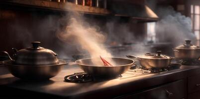 een Aziatisch restaurant keuken, vlam en rook Aan de gas- fornuis. ai gegenereerd foto