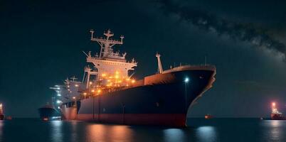 olie tanker aangemeerd in een offshore dok Bij nacht of dageraad zee. ai gegenereerd foto