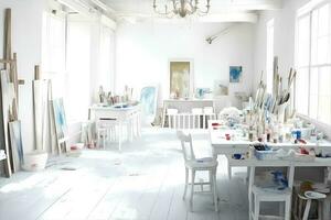 wit atelier. een schilder of artiest atelier, ambacht kamer, met wit interieur. ai gegenereerd foto