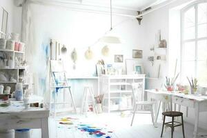 wit atelier. een schilder of artiest atelier, ambacht kamer, met wit interieur. ai gegenereerd foto