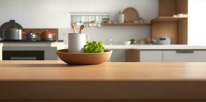 houten tafel top Aan vervagen keuken kamer achtergrond, modern hedendaags keuken kamer interieur. ai gegenereerd foto