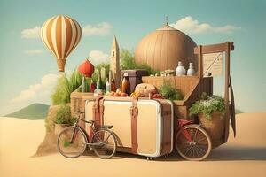 beeld van bagage met elementen van reizen bestemming. generatief ai foto