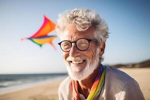 dichtbij omhoog portret van mannetje volwassen senior met vlieger Aan . ai gegenereerd foto