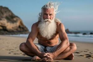 dichtbij omhoog portret oud volwassen Mens aan het doen yoga Aan de strand. ai gegenereerd foto