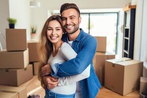 familie nieuw huis in beweging in gelukkig en opgewonden jong paar. ai gegenereerd foto