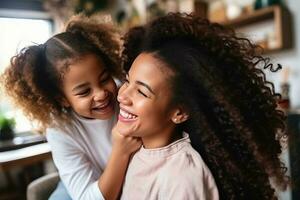 gelukkig etnisch familie. Afrikaanse Amerikaans mam poetsen haar dochter. ai gegenereerd foto