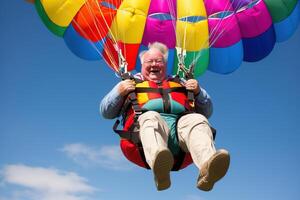 volwassen senior mannetje Aan een parachute.. ai gegenereerd foto