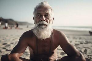portret oud volwassen Mens aan het doen yoga Aan de strand. ai gegenereerd foto