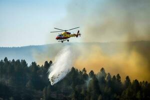 brandweerman helikopter dropping water in een Woud vuur.. ai gegenereerd foto