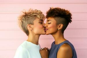 liefde verscheidenheid en kus lesbienne paar Aan studio rug. ai gegenereerd foto