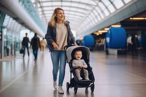 moeder draag- zijn zuigeling baby jongen kind, voortvarend wandelwagen Bij luchthaven vertrek terminal in beweging naar instappen poorten naar bord een vliegtuig. familie reizen met baby concept. ai gegenereerd foto