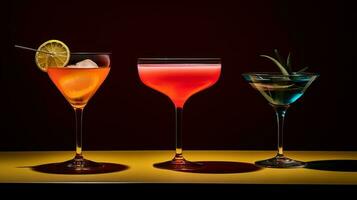 3 cocktails in verschillend kleuren. ai gegenereerd foto