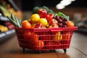 een boodschappen doen mand vol van boodschappen in een supermarkt. ai gegenereerd foto