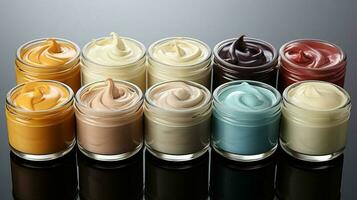 verschillend types van crèmes zijn getoond in divers containers. ai gegenereerd foto