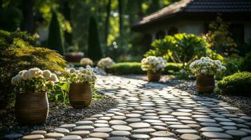 tuin pad bestrating stenen en gras.. ai gegenereerd foto