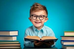 portret van een gelukkig kind weinig jongen met bril zittend Aan een stack van boeken en lezing een boeken, licht blauw achtergrond. ai gegenereerd foto