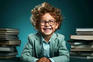 portret van een gelukkig kind weinig jongen met bril zittend Aan een stack van boeken en lezing een boeken. ai gegenereerd foto