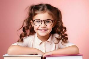 portret van een gelukkig kind weinig meisje met bril zittend Aan een stack van boeken en lezing een boeken, licht roze achtergrond. ai gegenereerd foto