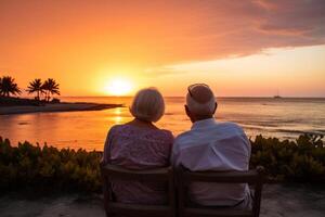 portret van 2 gelukkig senioren genieten van hun gouden jaren van pensioen met een strand zonsondergang. ai gegenereerd foto