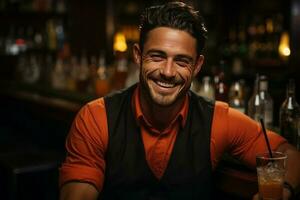 portret glimlachen barman mengsels een cocktail in een shaker. ai gegenereerd foto