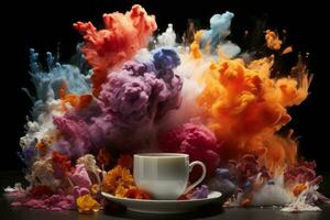 regenboog explosie in de koffie beker,. ai gegenereerd foto