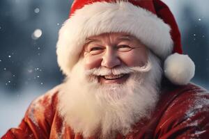 een gelukkig en vrolijk de kerstman claus staand door een sleeën in noorden pool.. ai gegenereerd foto