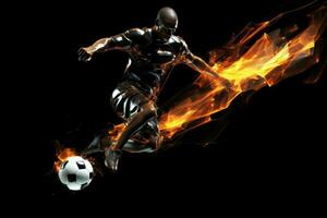 voetbal speler in midden lucht schoppen bal Aan een zwart achtergrond . ai gegenereerd foto