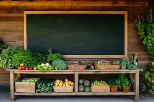 groot leeg groen schoolbord Aan een muur in de landbouw opslag. ai gegenereerd foto