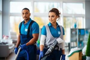 professioneel gemengd ras conciërges in uniform aan het doen voorjaar schoonmaak van modern huis. ai gegenereerd foto